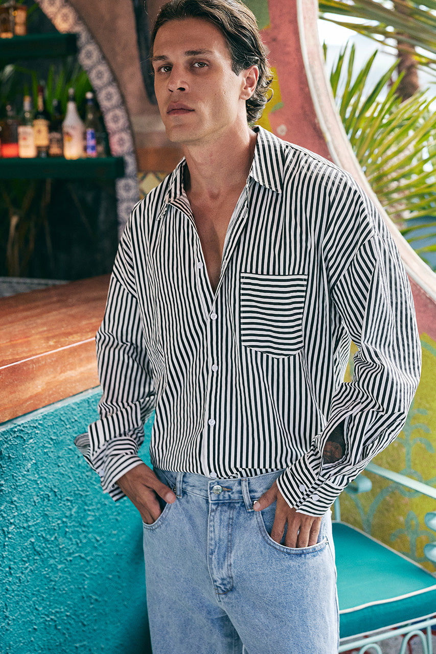 ESTVAN LONG SLEEVE SHIRT - PINSTRIPE BLACK/WHITE