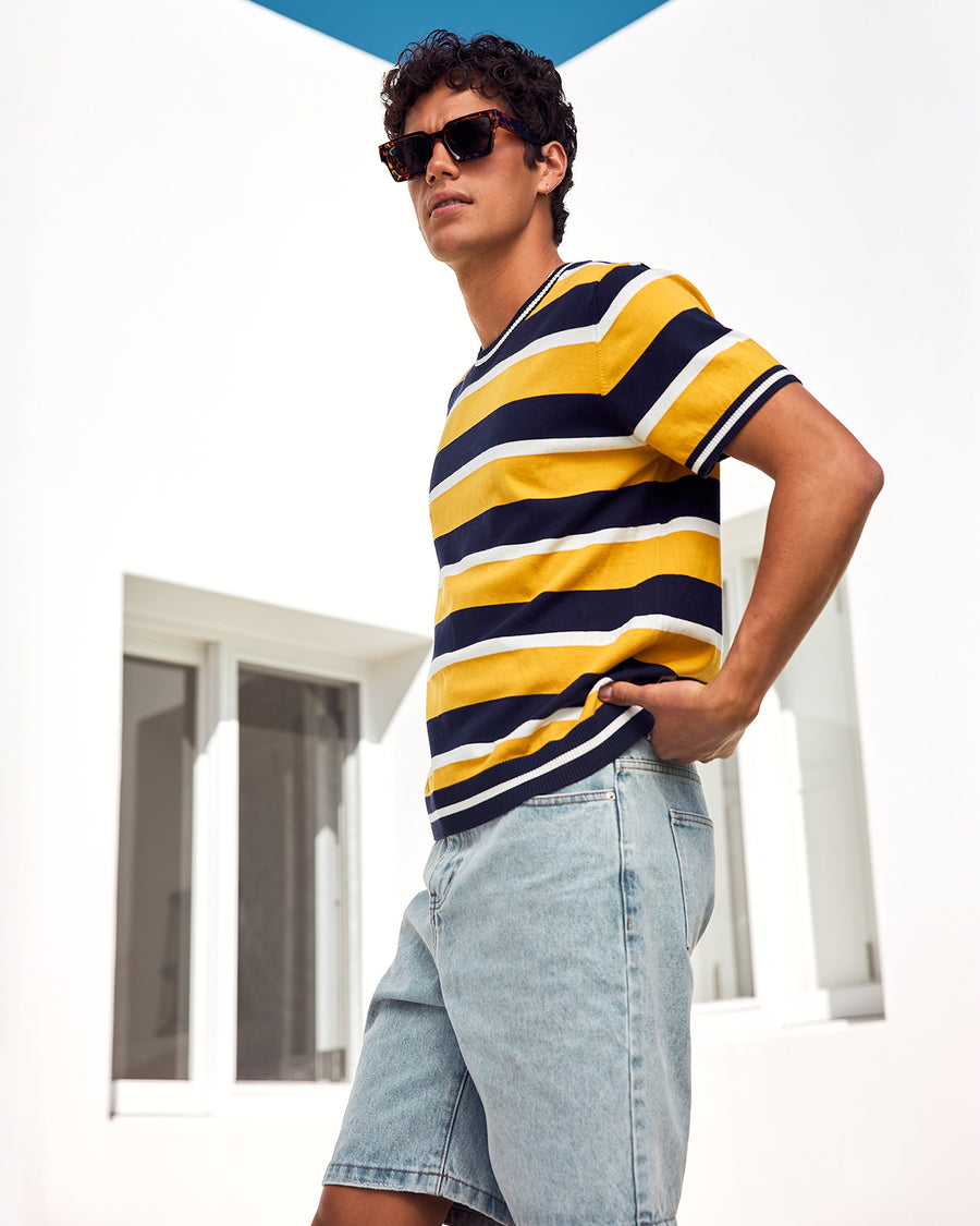 ETHAN SHORT SLEEVE KNIT TOP - YELLOW/NAVY STRIPE - ETHANSHORTSLEEVEKNITTOP-YELLOWNAVYSTRIPE-01