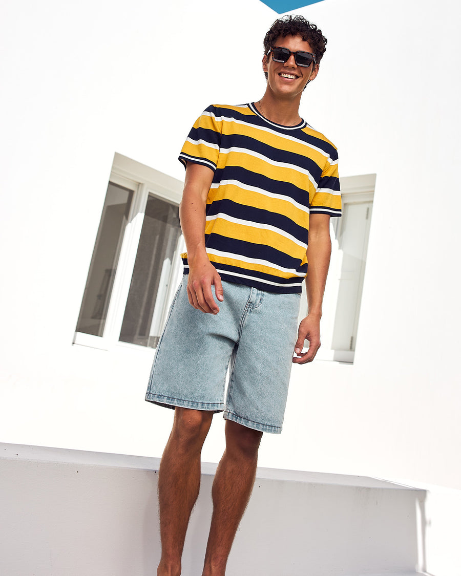 ETHAN SHORT SLEEVE KNIT TOP - YELLOW/NAVY STRIPE - ETHANSHORTSLEEVEKNITTOP-YELLOWNAVYSTRIPE
