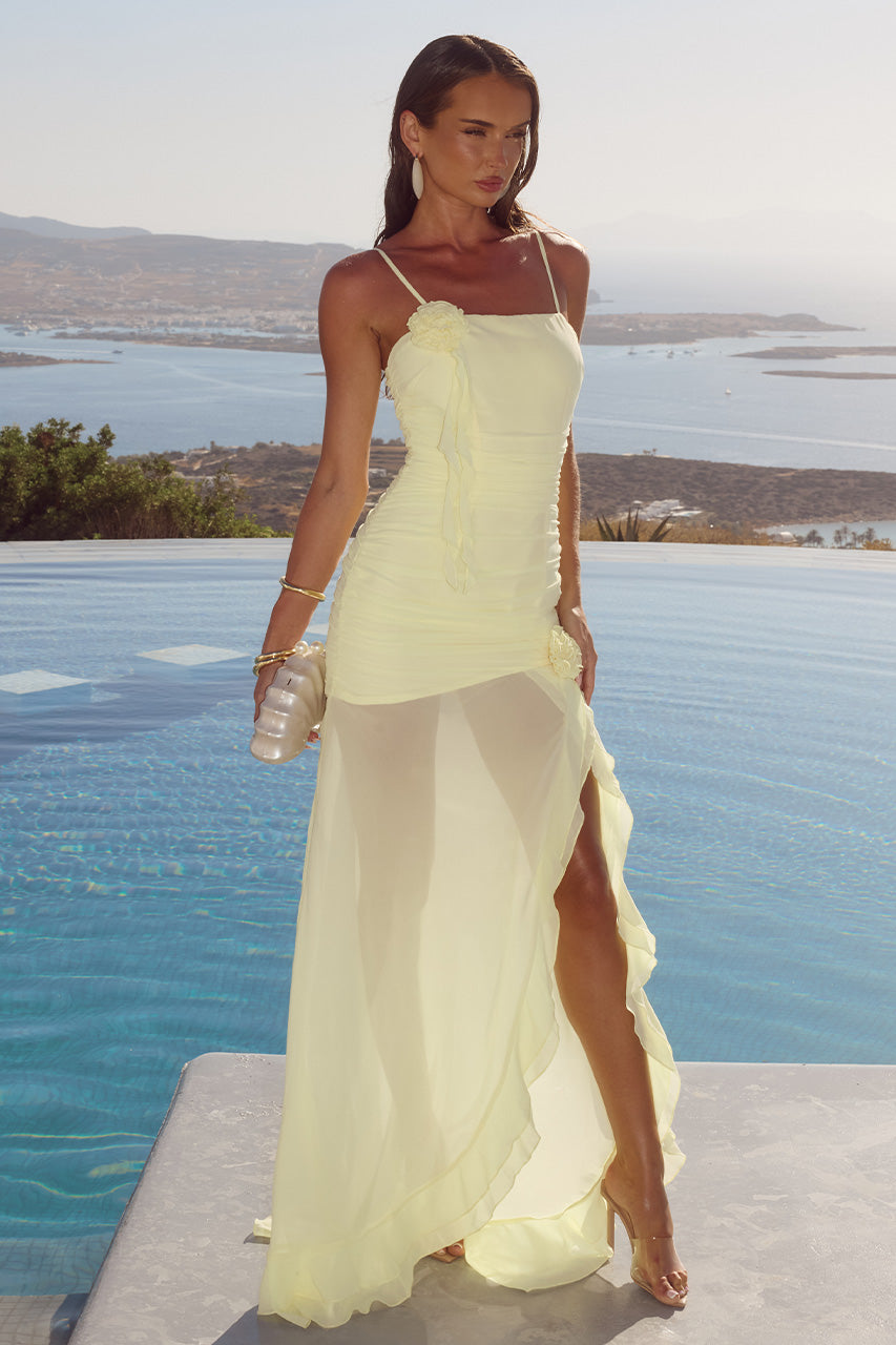 EZIYA RUCHED FRILL TRIM MAXI DRESS - LEMON