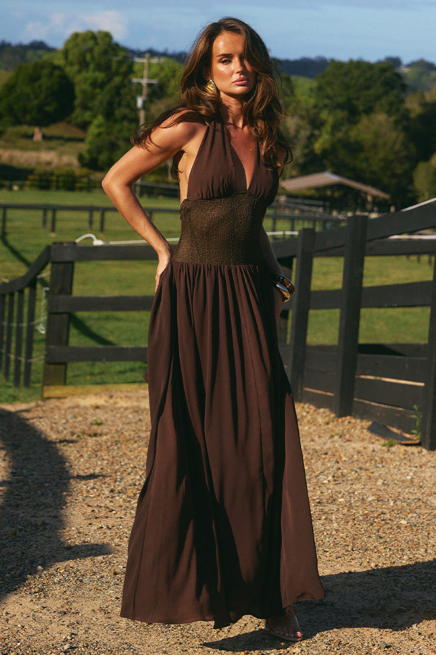 FERNANDA PLUNGE HALTER MAXI DRESS - BITTER CHOCOLATE - FERNANDAPLUNGEHALTERMAXIDRESS-BITTERCHOCOLATE
