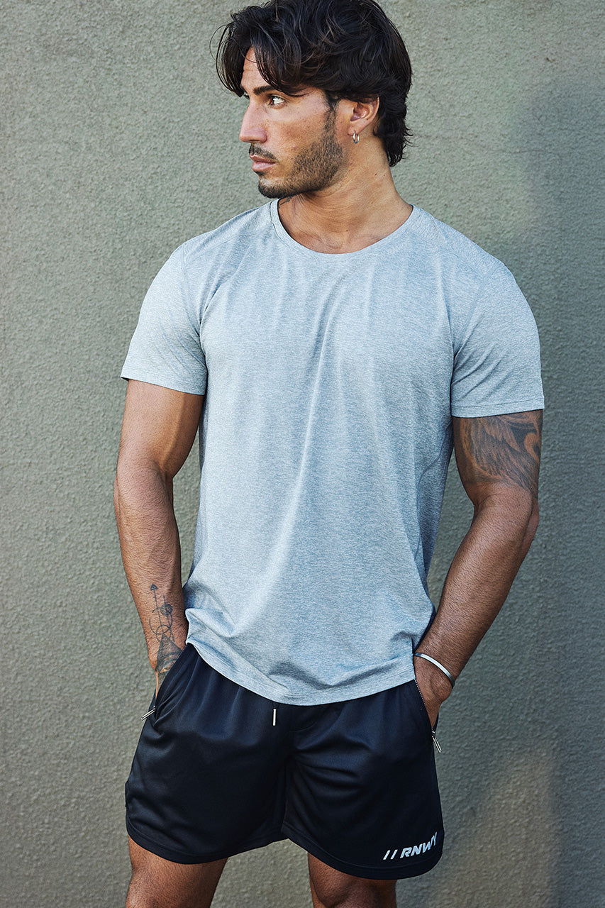 FLASH FITTED SHORT SLEEVE TOP - GREY MARLE - FLASHFITTEDSHORTSLEEVETOP-GREYMARLExWAYNEDRAWSTRINGSHORTS-BLACK-01
