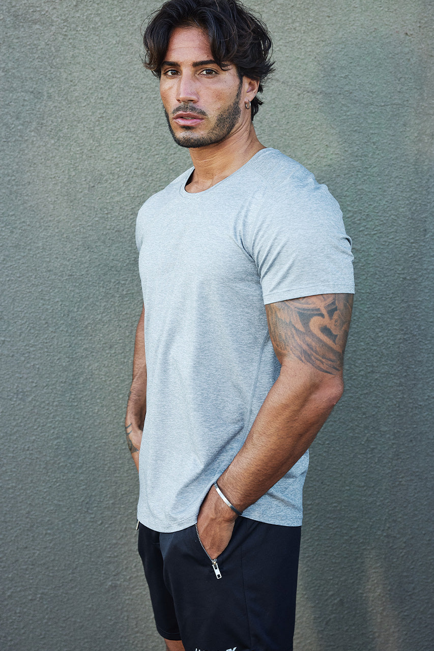 FLASH FITTED SHORT SLEEVE TOP - GREY MARLE - FLASHFITTEDSHORTSLEEVETOP-GREYMARLExWAYNEDRAWSTRINGSHORTS-BLACK-02