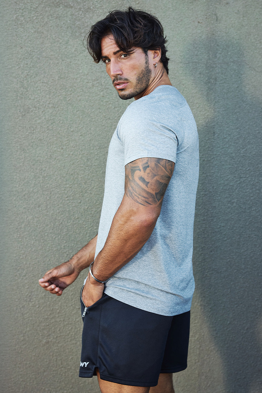 FLASH FITTED SHORT SLEEVE TOP - GREY MARLE - FLASHFITTEDSHORTSLEEVETOP-GREYMARLExWAYNEDRAWSTRINGSHORTS-BLACK-05