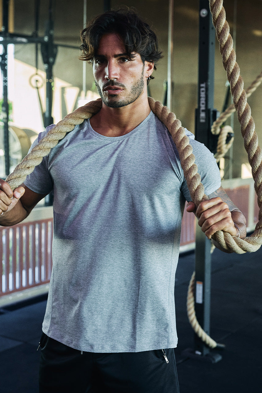 FLASH FITTED SHORT SLEEVE TOP - GREY MARLE - FLASHFITTEDSHORTSLEEVETOP-GREYMARLExWAYNEDRAWSTRINGSHORTS-BLACK-09