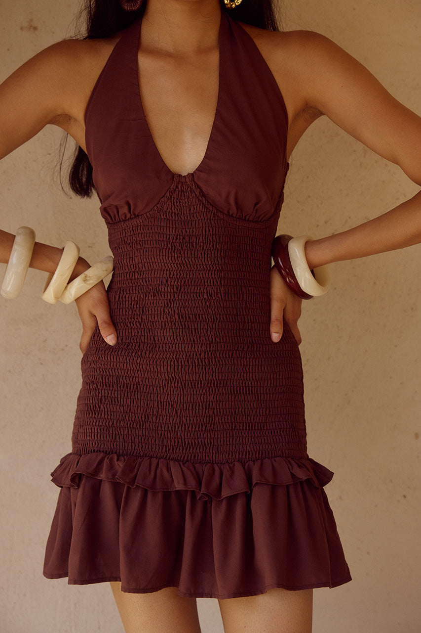 FLEUR SHIRRED HALTER MINI DRESS - CHOCOLATE - FLEURSHIRREDHALTERMINIDRESSCHOCOLATE_2