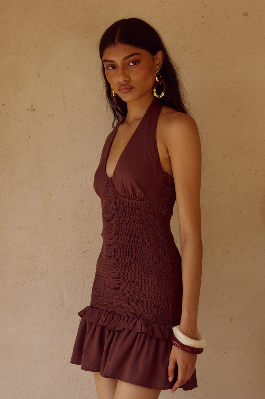 FLEUR SHIRRED HALTER MINI DRESS - CHOCOLATE - FLEURSHIRREDHALTERMINIDRESSCHOCOLATE_4