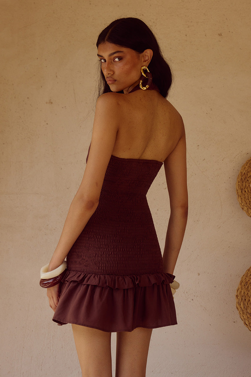 FLEUR SHIRRED HALTER MINI DRESS - CHOCOLATE - FLEURSHIRREDHALTERMINIDRESSCHOCOLATE_5