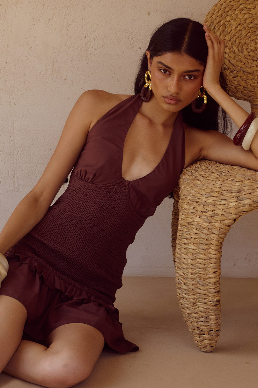 FLEUR SHIRRED HALTER MINI DRESS - CHOCOLATE - FLEURSHIRREDHALTERMINIDRESSCHOCOLATE_6