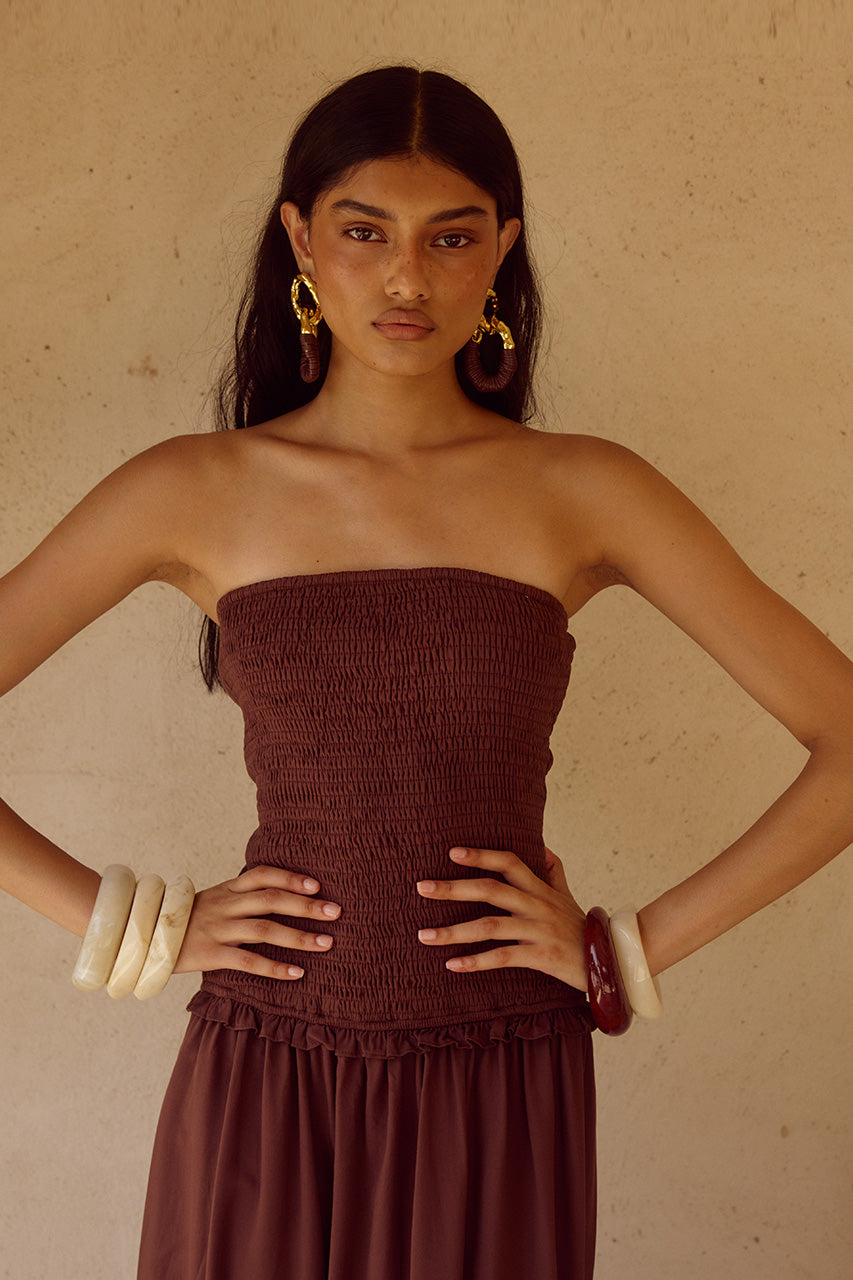 FLEUR SHIRRED STRAPLESSS MAXI DRESS - CHOCOLATE - FLEURSHIRREDSTRAPLESSMAXIDRESSCHOCOLATE_1