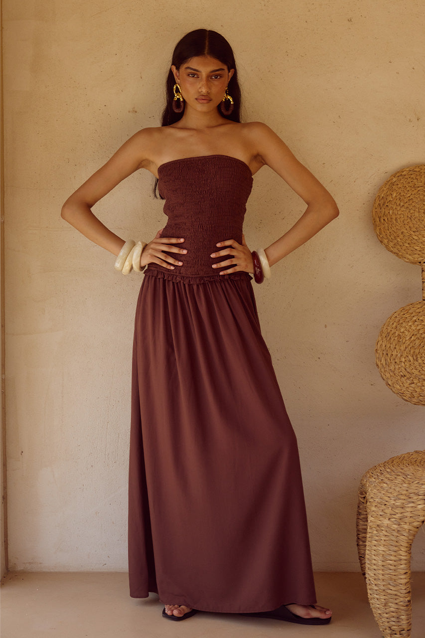 FLEUR SHIRRED STRAPLESSS MAXI DRESS - CHOCOLATE - FLEURSHIRREDSTRAPLESSMAXIDRESSCHOCOLATE_2