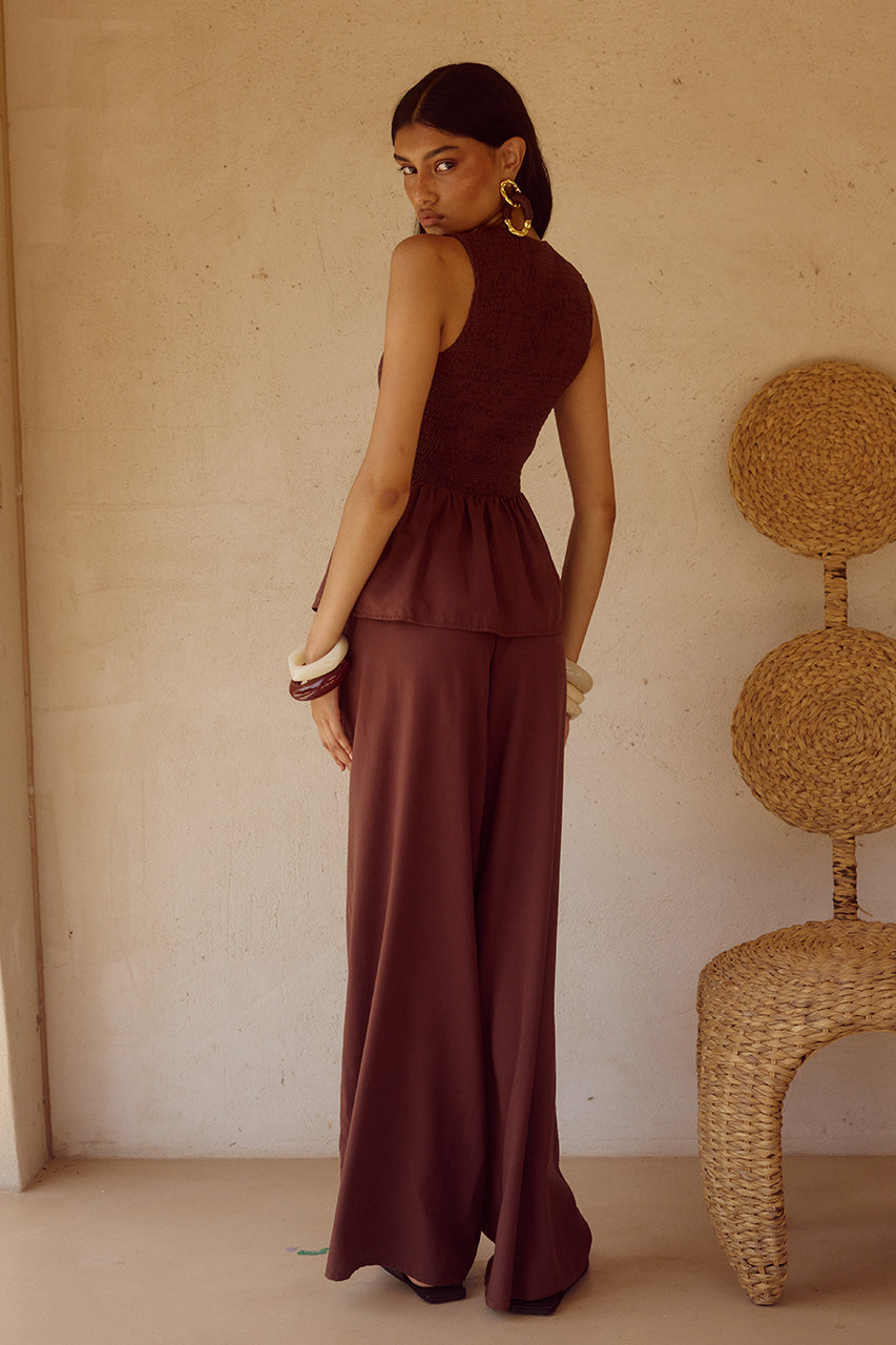 FLEUR SHIRRED TIE FRONT TOP - CHOCOLATE - FLEURTOPCHOCOLATExFLEURPANTCHOCOLATE_5