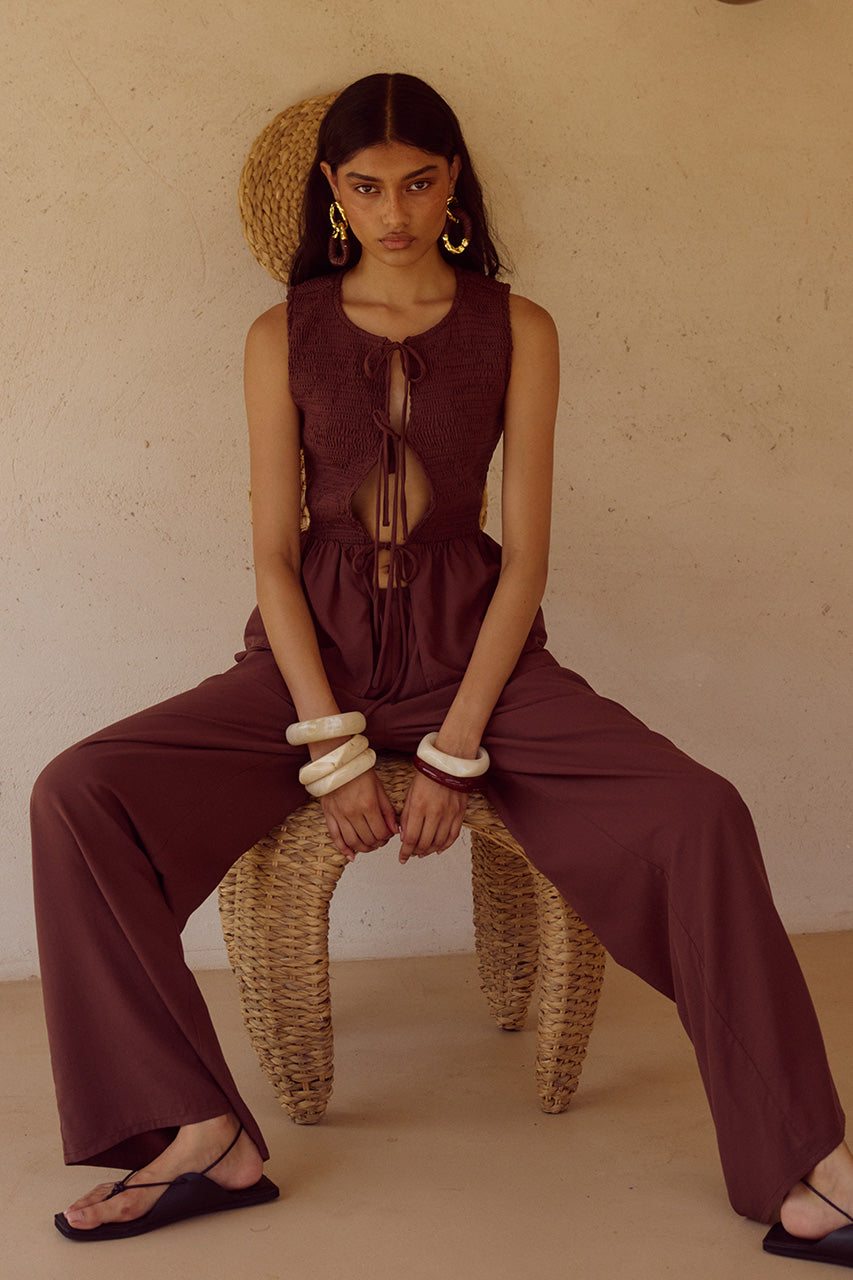 FLEUR SHIRRED TIE FRONT TOP - CHOCOLATE - FLEURTOPCHOCOLATExFLEURPANTCHOCOLATE_6