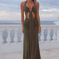 FLORA CUT OUT HALTER MAXI DRESS - OLIVE