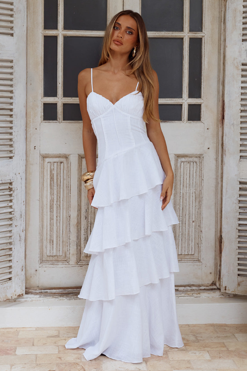 FLORRIE V-NECK TIERED MAXI DRESS - WHITE