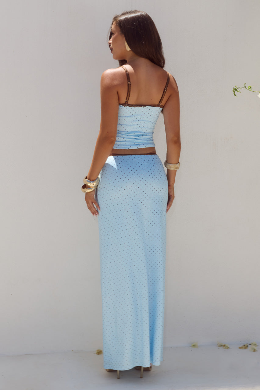GEORGINA LOW WAIST MAXI SKIRT - SKY BLUE/CHOC POLKA