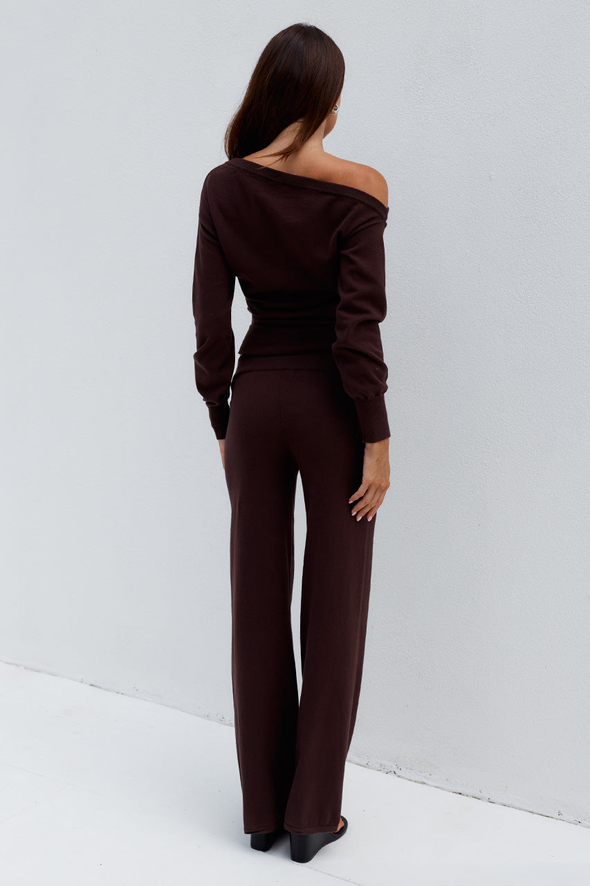 HEATHER WIDE LEG KNIT PANT - CHOCOLATE