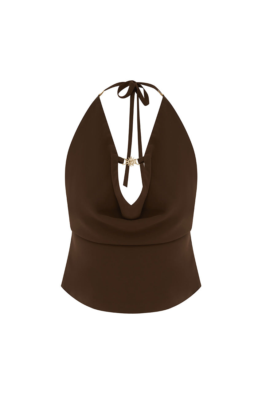 HELENA HALTER DEEP PLUNGE COWL TOP - CHOCOLATE - HELENAHALTERDEEPPLUNGECOWLTOP-CHOCOLATE