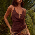 HELENA HALTER DEEP PLUNGE COWL TOP - CHOCOLATE