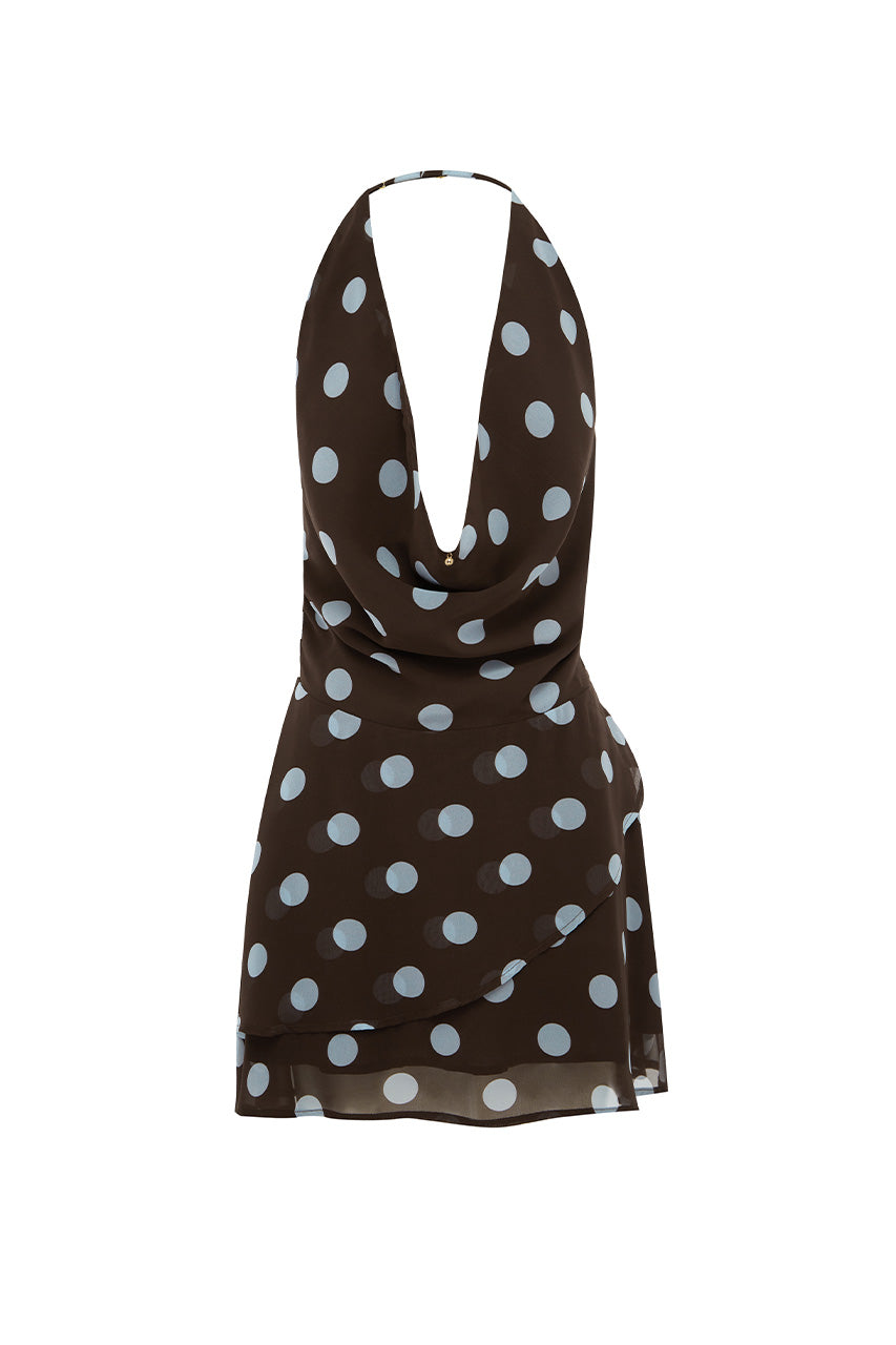 IMALI HALTER COWL MINI DRESS - CHOC/SKY BLUE POLKA - IMALIHALTERCOWLMINIDRESS-CHOCSKYBLUEPOLKA-11