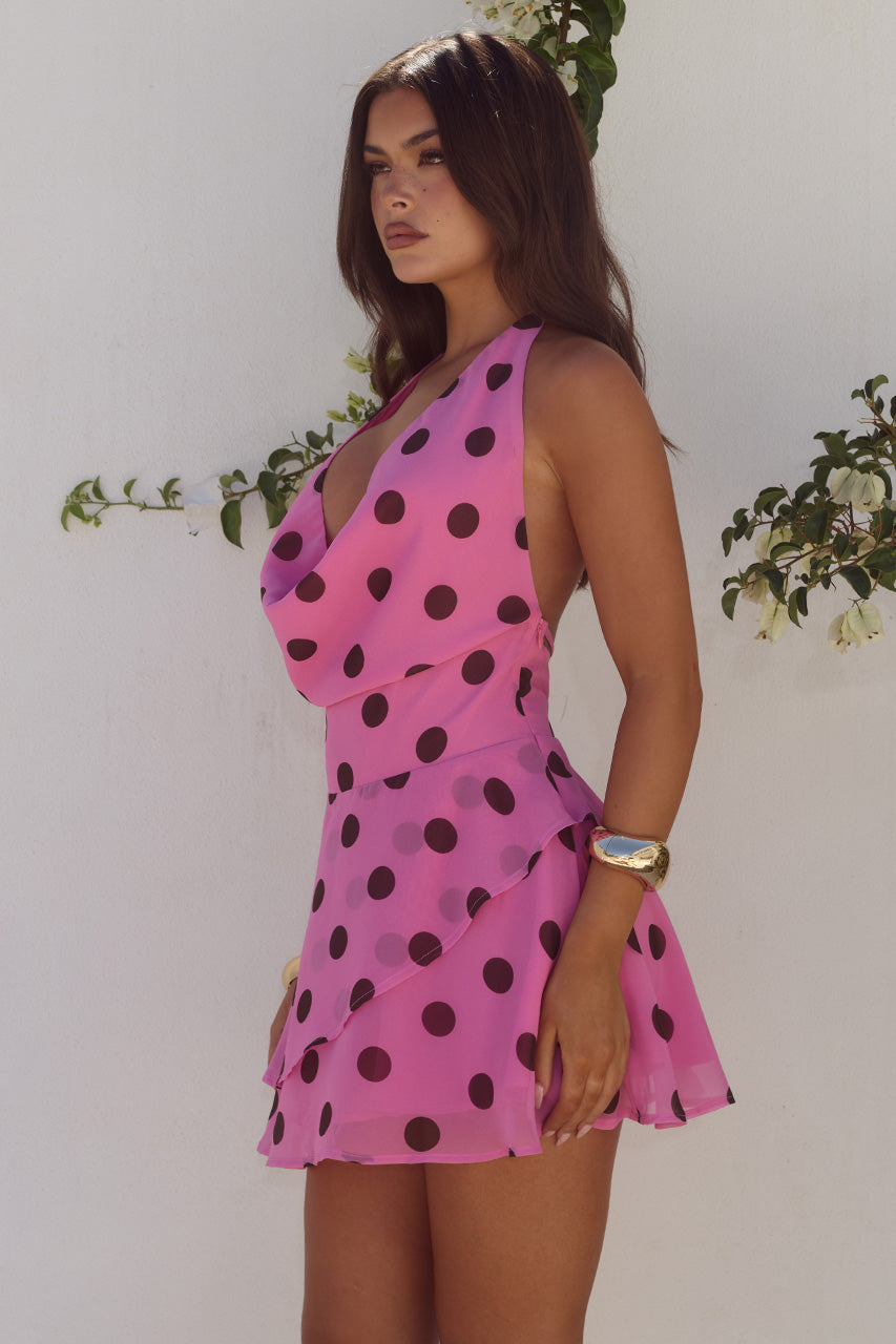 IMALI HALTER COWL MINI DRESS - MUSK/CHOC POLKA - IMALIHALTERCOWLMINIDRESS-MUSKCHOCPOLKA-3