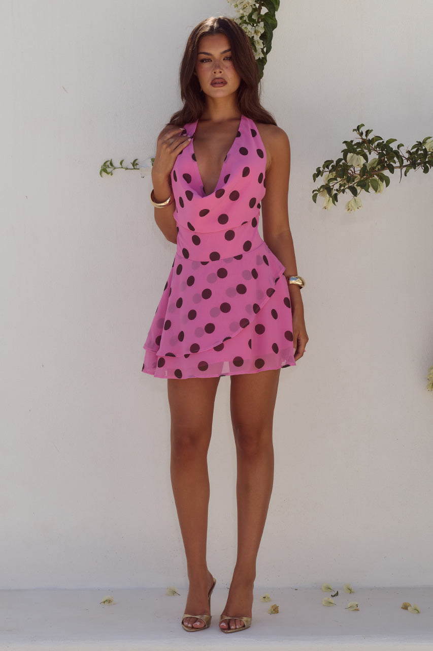 IMALI HALTER COWL MINI DRESS - MUSK/CHOC POLKA - IMALIHALTERCOWLMINIDRESS-MUSKCHOCPOLKA