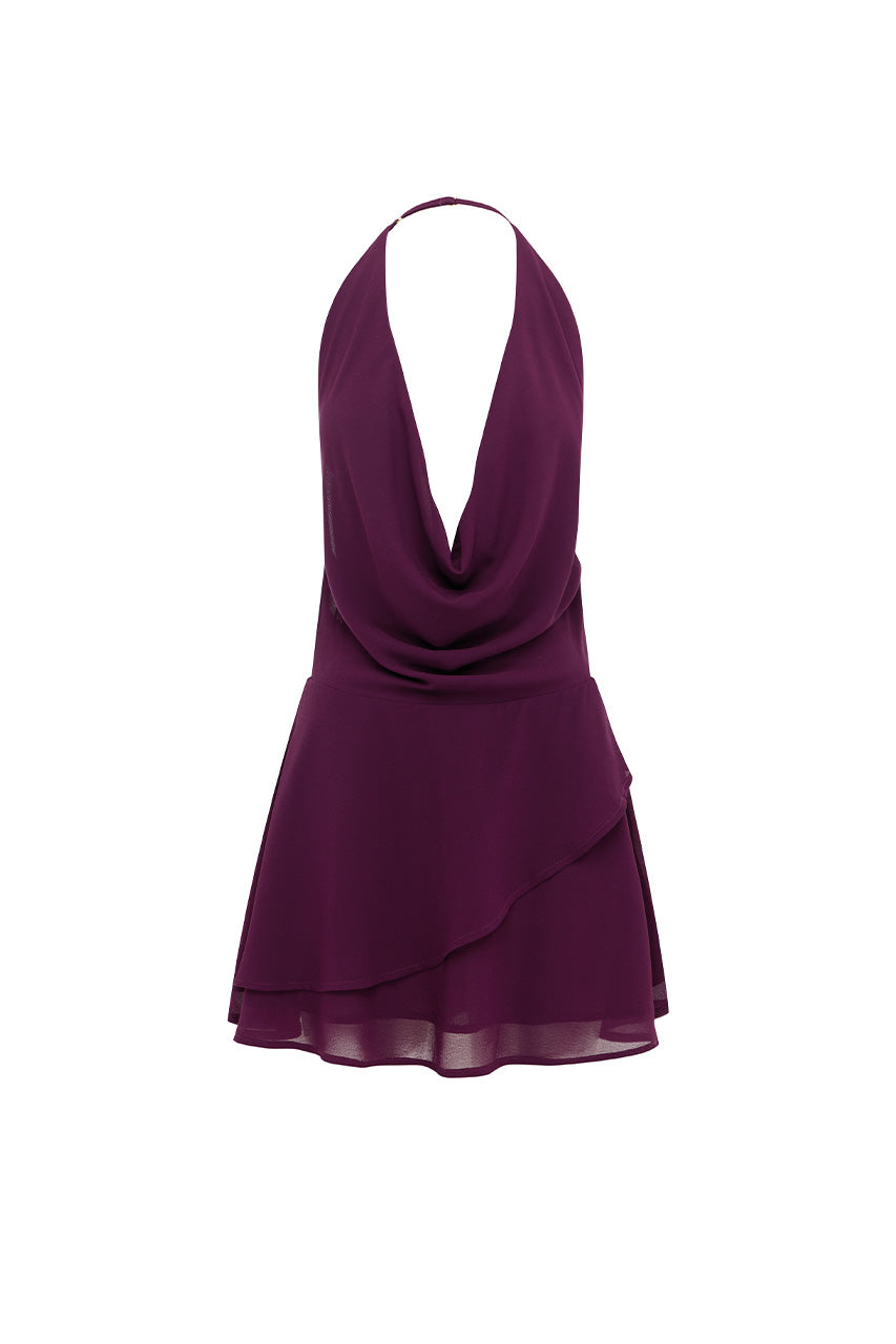 IMALI HALTER COWL MINI DRESS - PLUM - IMALIHALTERCOWLMINIDRESS-PLUM