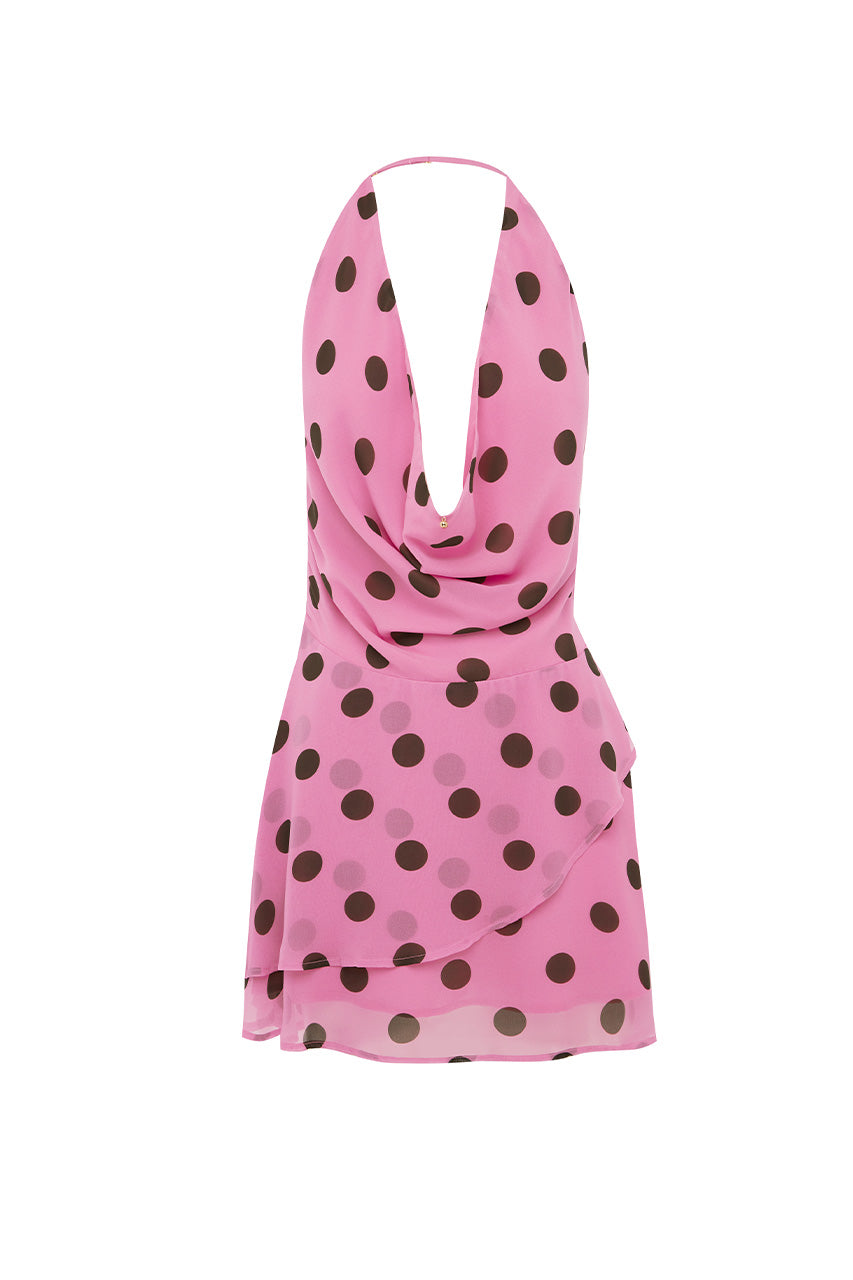 IMALI HALTER COWL MINI DRESS - MUSK/CHOC POLKA - IMALIMINIDRESS-PINK-CHOCPOLKA-GHOST