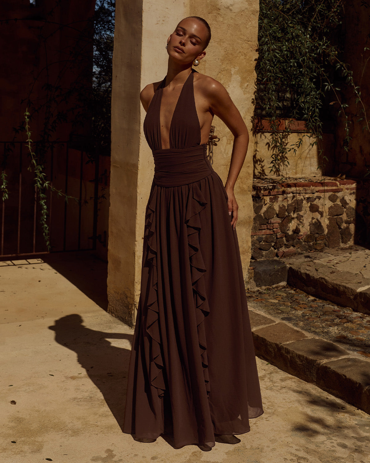 ISOLINA HALTER CORSET MAXI DRESS - CHOCOLATE - ISOLINAHALTERCORSETMAXIDRESS-CHOC-1