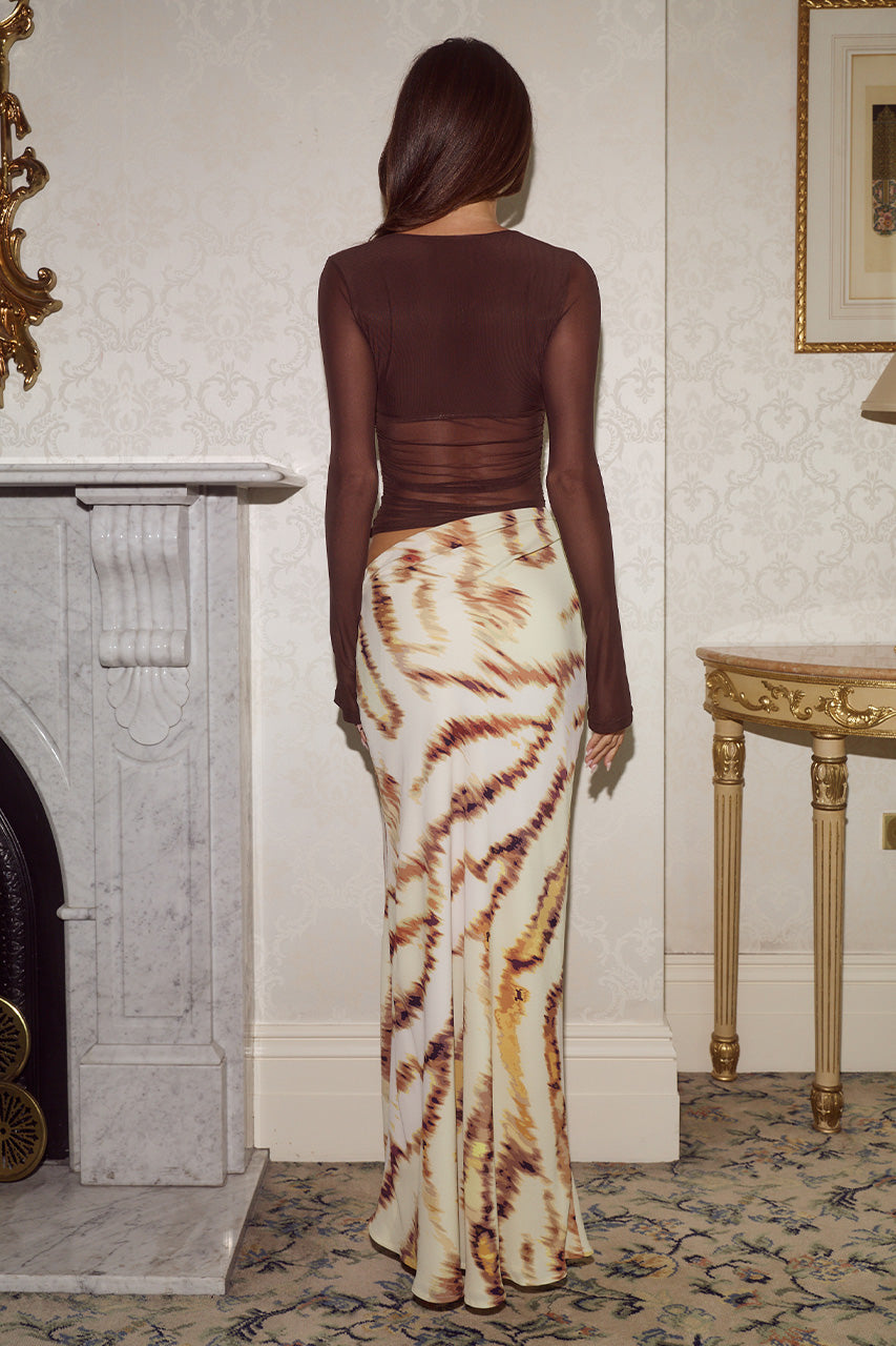 JONI LONG SLEEVE CUTOUT MAXI DRESS - CHOCOLATE/CAMELLIA BEIGE