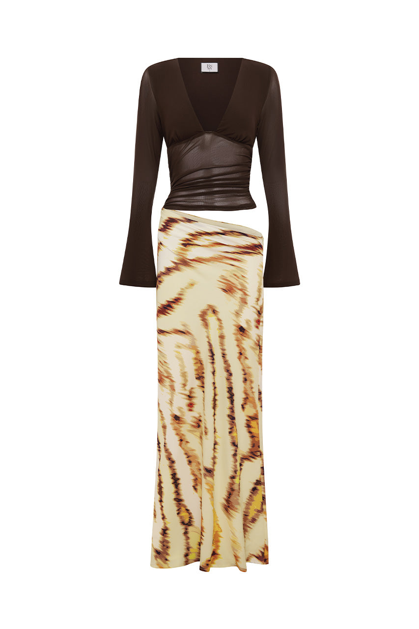JONI LONG SLEEVE CUTOUT MAXI DRESS - CHOCOLATE/CAMELLIA BEIGE - JONILONGSLEEVECUTOUTMAXIDRESS-CHOCOLATE_CAMELLIABEIGE