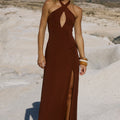 KAMILLA KEYHOLE TWIST MAXI DRESS - CHOCOLATE