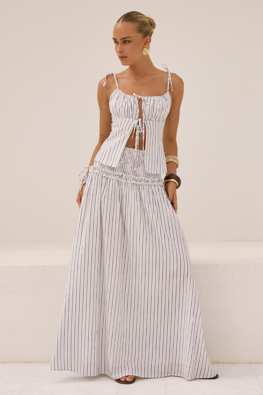 MAREE SHIRRED DROP WAIST MAXI SKIRT - DREA WHITE - KATALIARUCHEDFRONTTIETOPXMAREESHIRREDDROPWAISTMAXISKIRT-DREAWHITE-01