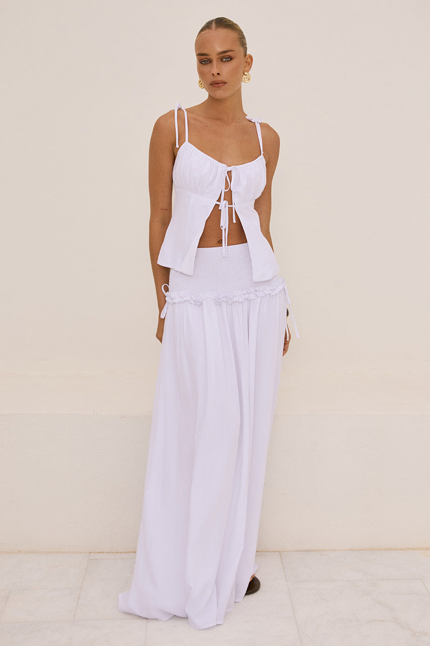 MAREE SHIRRED DROP WAIST MAXI SKIRT - WHITE - KATALIARUCHEDFRONTTIETOPXMAREESHIRREDDROPWAISTMAXISKIRT-WHITE-09