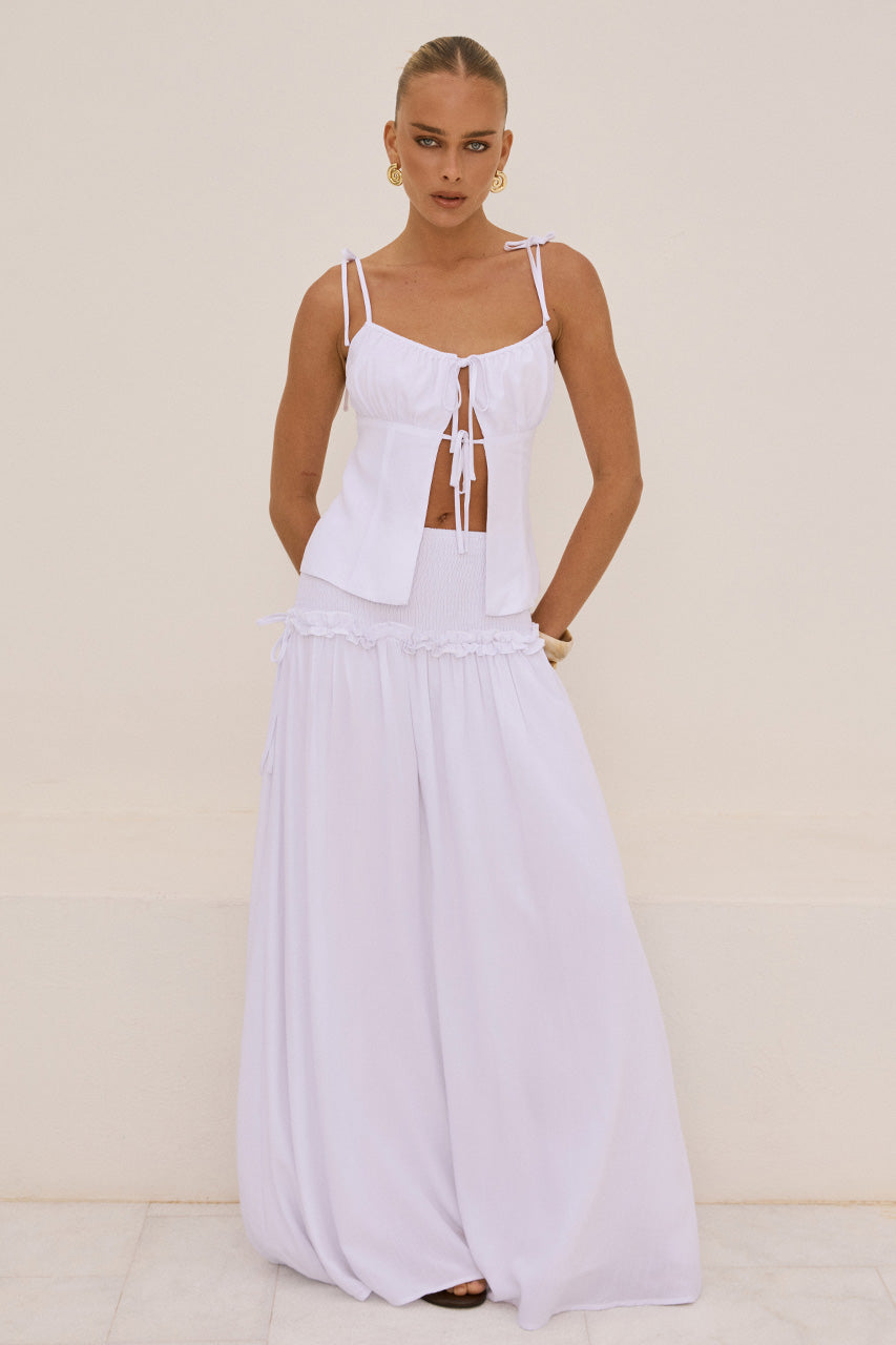 MAREE SHIRRED DROP WAIST MAXI SKIRT - WHITE