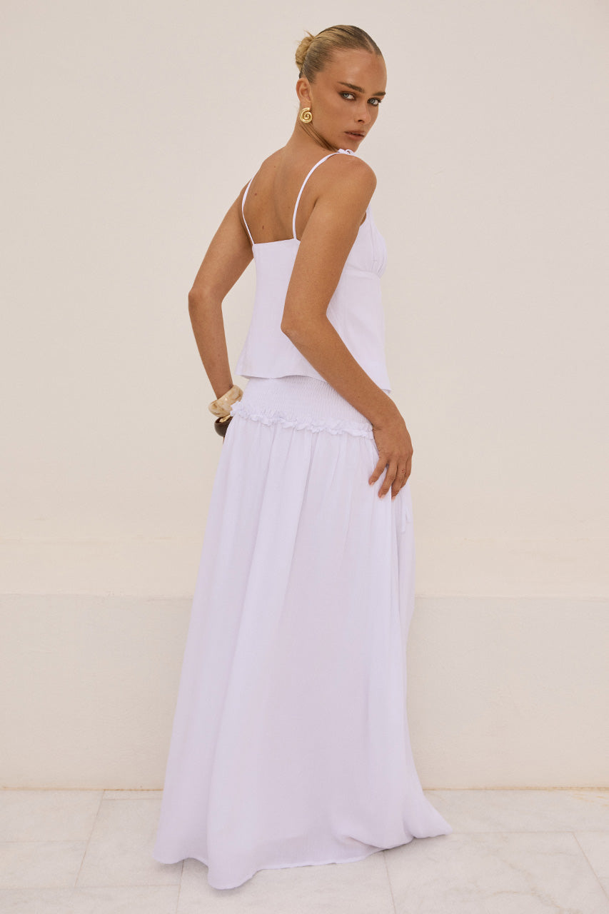 MAREE SHIRRED DROP WAIST MAXI SKIRT - WHITE - KATALIARUCHEDFRONTTIETOPXMAREESHIRREDDROPWAISTMAXISKIRT-WHITE-14