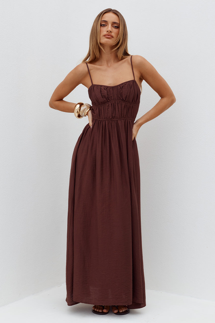 KAYLEY A-LINE SHIRRED MIDI DRESS - CHOCOLATE XXL - KAYLEYA-LINESHIRREDMIDIDRESS-CHOCOLATE-1