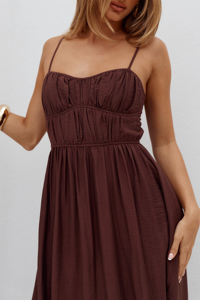 KAYLEY A-LINE SHIRRED MIDI DRESS - CHOCOLATE - KAYLEYA-LINESHIRREDMIDIDRESS-CHOCOLATE-2