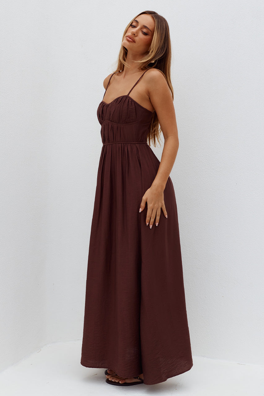 KAYLEY A-LINE SHIRRED MIDI DRESS - CHOCOLATE - KAYLEYA-LINESHIRREDMIDIDRESS-CHOCOLATE-3