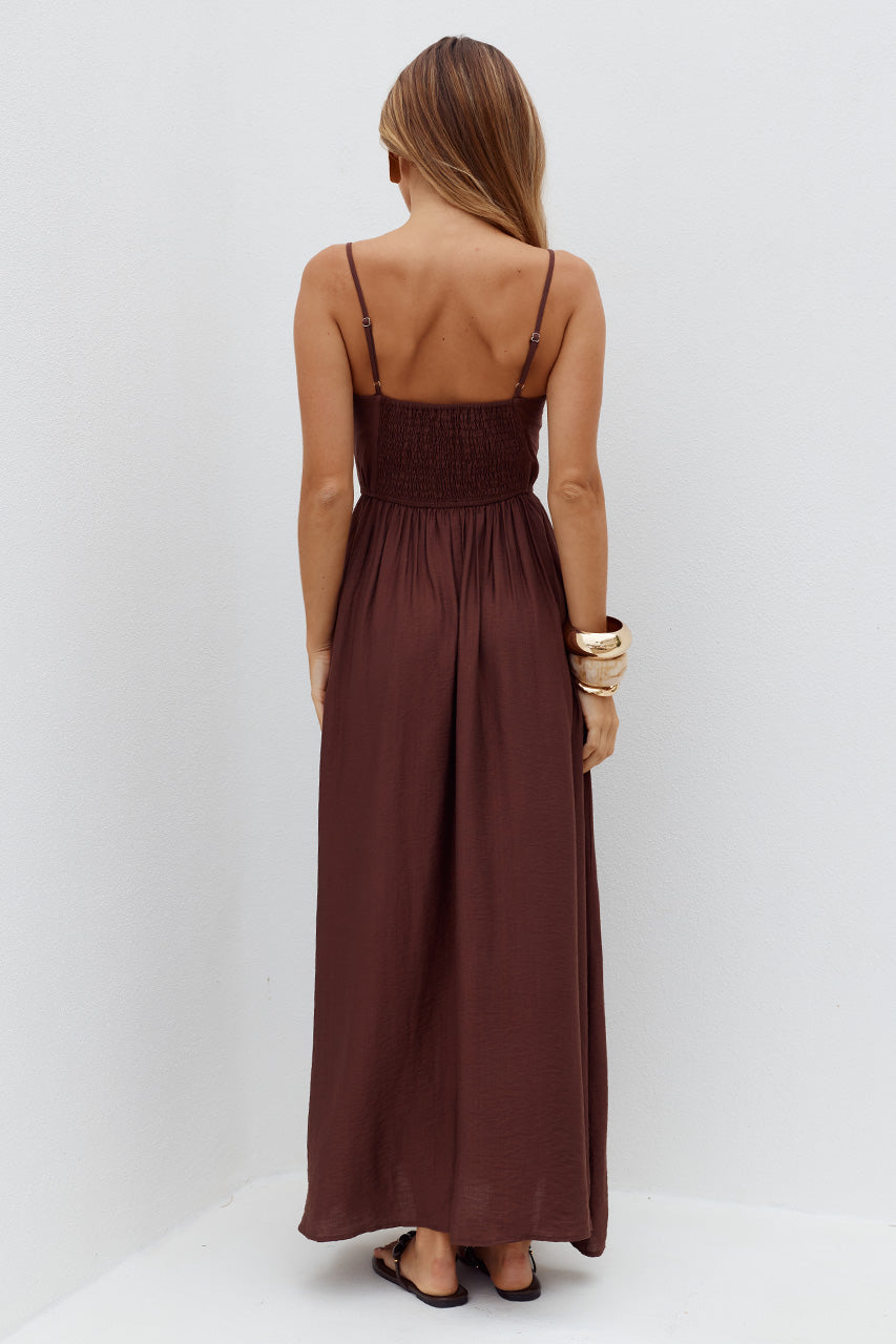 KAYLEY A-LINE SHIRRED MIDI DRESS - CHOCOLATE