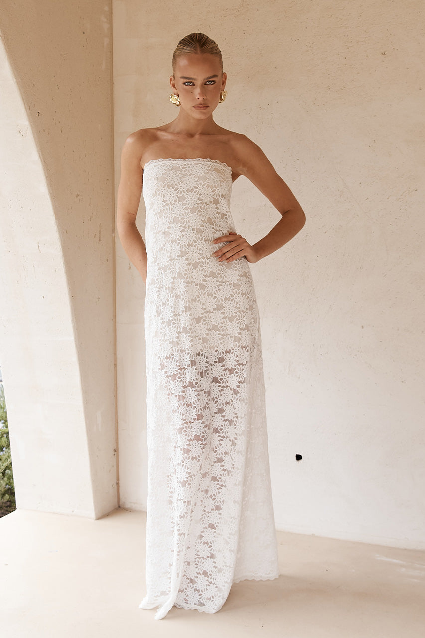 KINERA STRAPLESS LACE MAXI DRESS - WHITE - KINERAMAXIDRESSWHITE