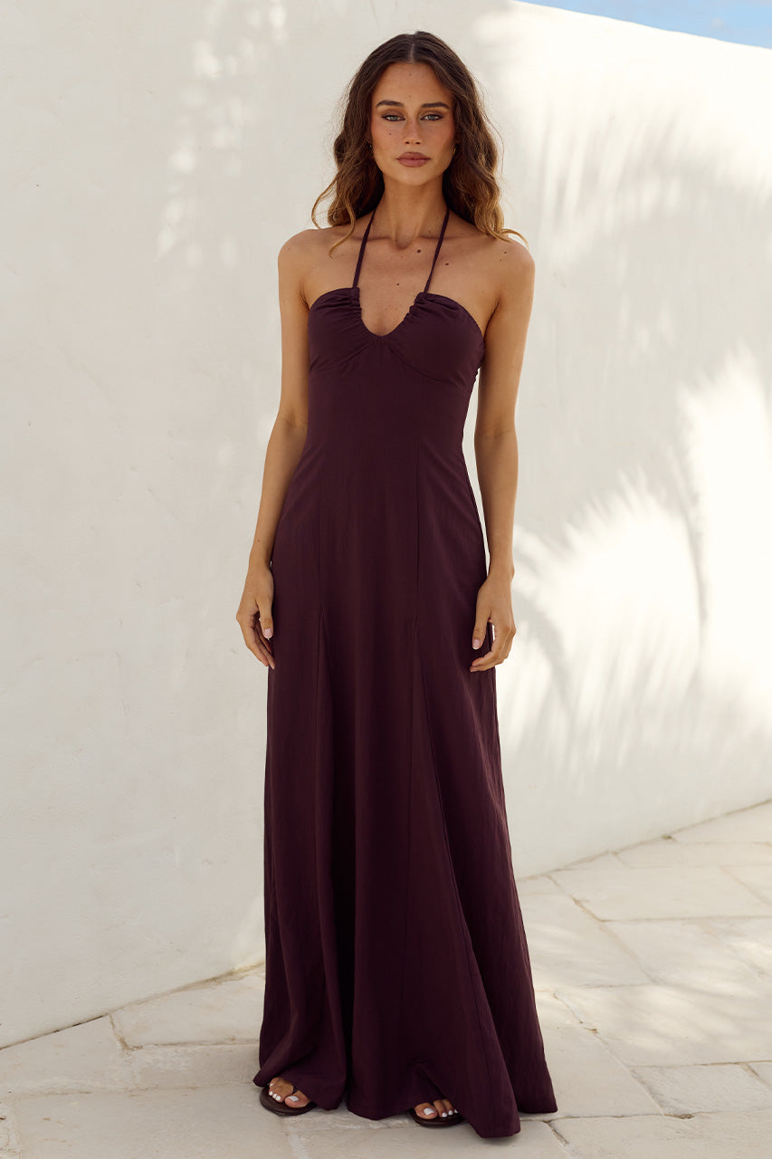 KINSLEY LOWCUT HALTER MAXI DRESS - CHOCOLATE - KINSLEYLOWCUTHALTERMAXIDRESS-CHOCOLATE