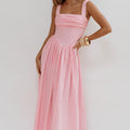 KIYO SQUARE NECK TIE MIDI DRESS - PINK