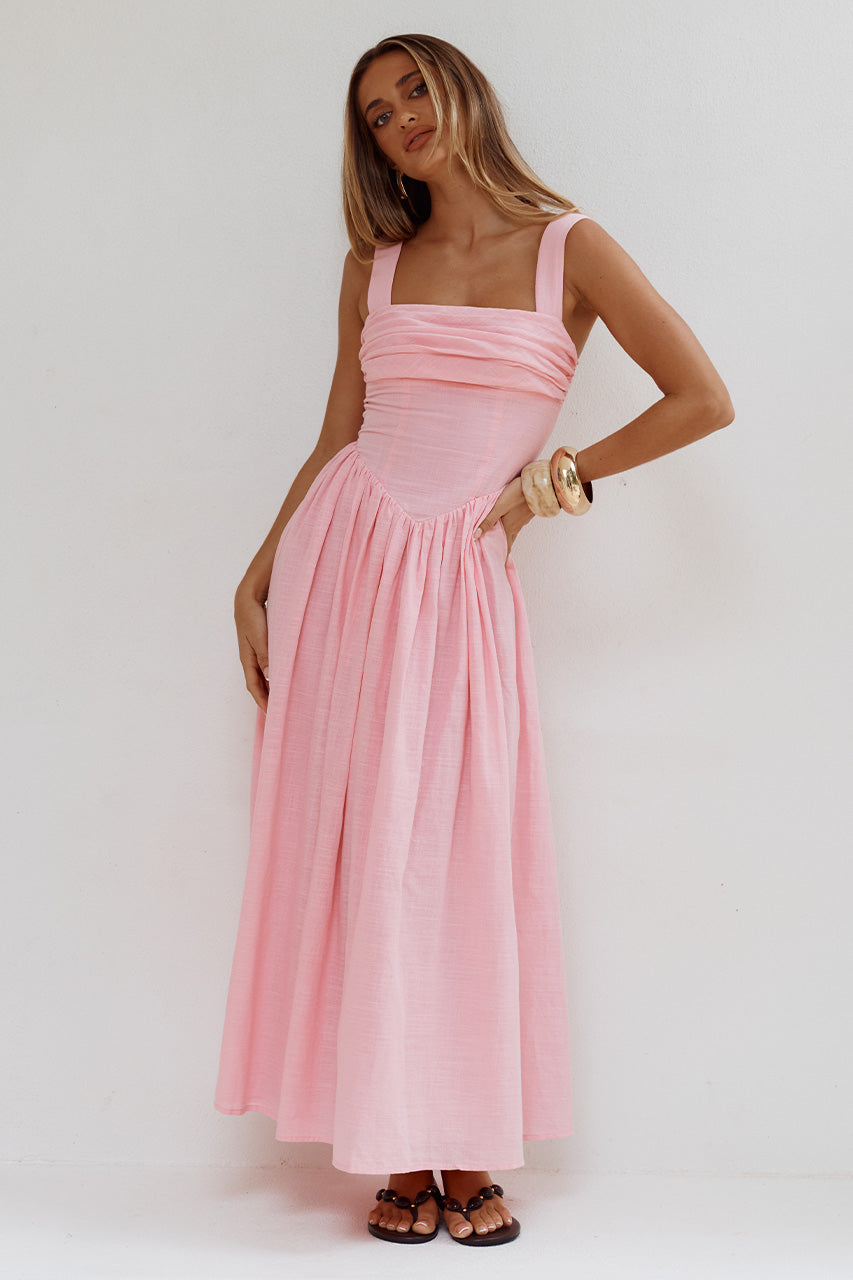 KIYO SQUARE NECK TIE MIDI DRESS - PINK XXL - KIYOSQUARENECKTIEMIDIDRESS-PINK-1