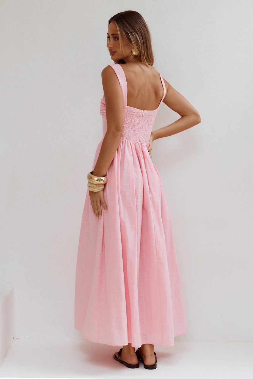 KIYO SQUARE NECK TIE MIDI DRESS - PINK