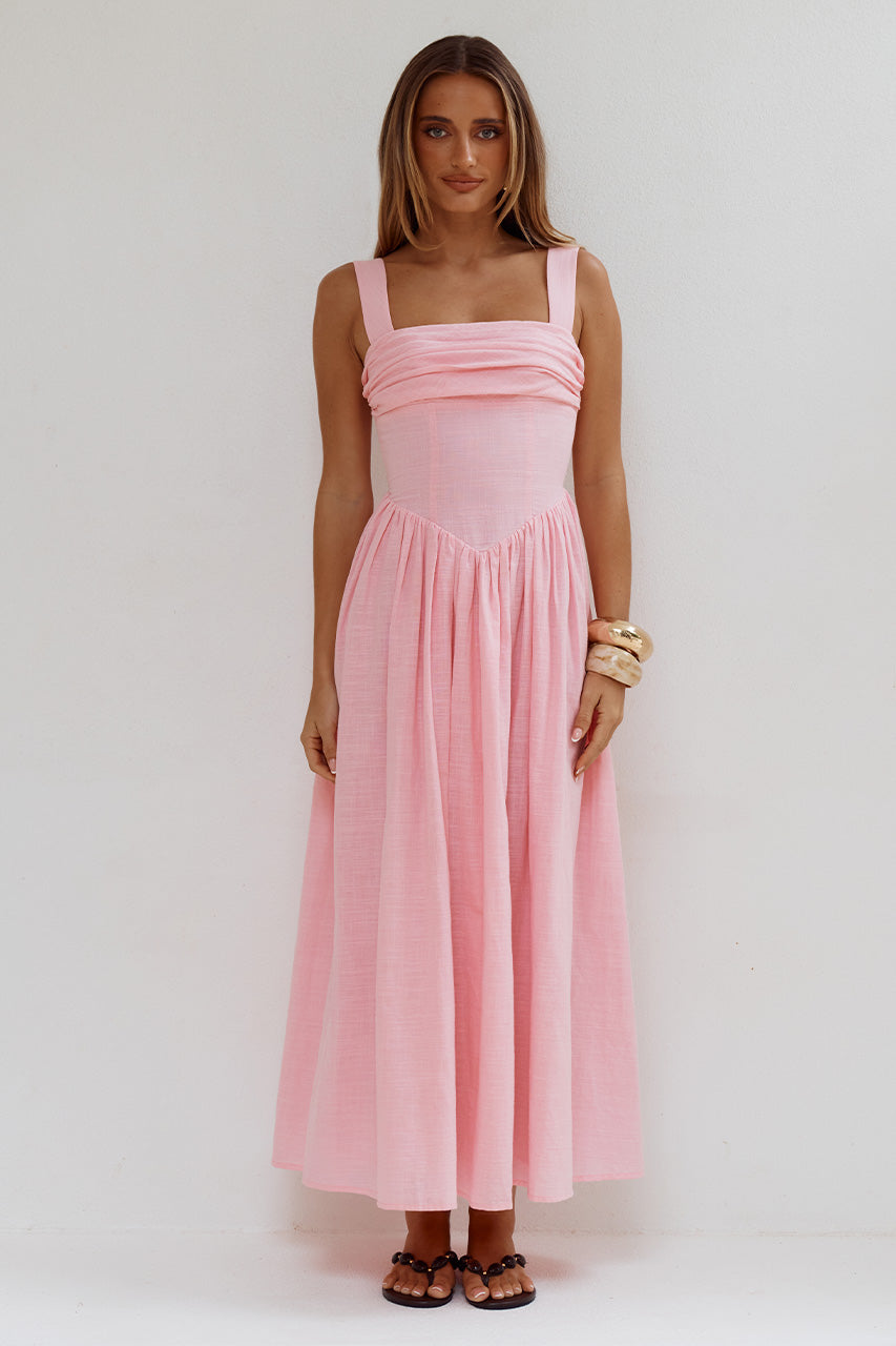 KIYO SQUARE NECK TIE MIDI DRESS - PINK - KIYOSQUARENECKTIEMIDIDRESS-PINK