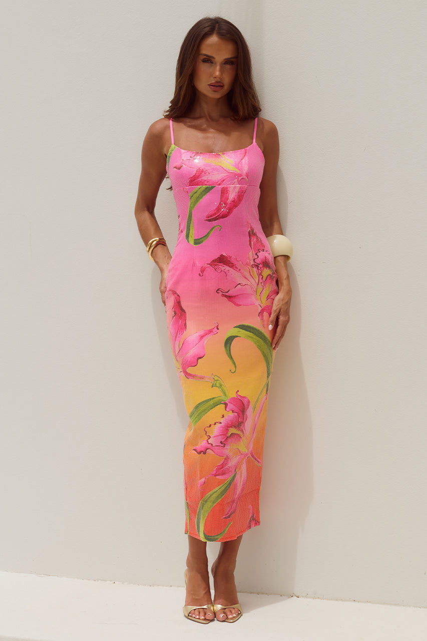 KYRA SCOOP NECK SEQUIN MIDI DRESS - FLORAL OMBRE