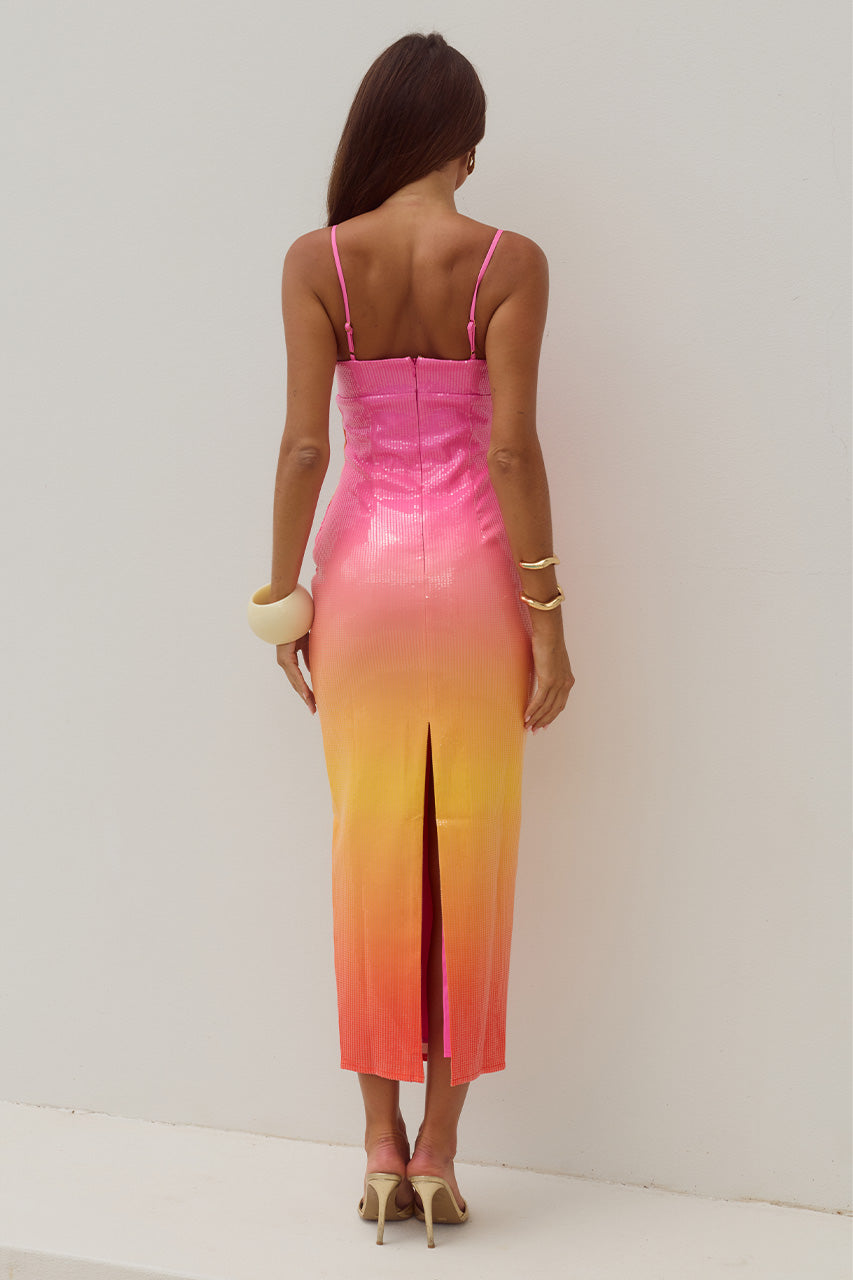 KYRA SCOOP NECK SEQUIN MIDI DRESS - TROPICAL OMBRE