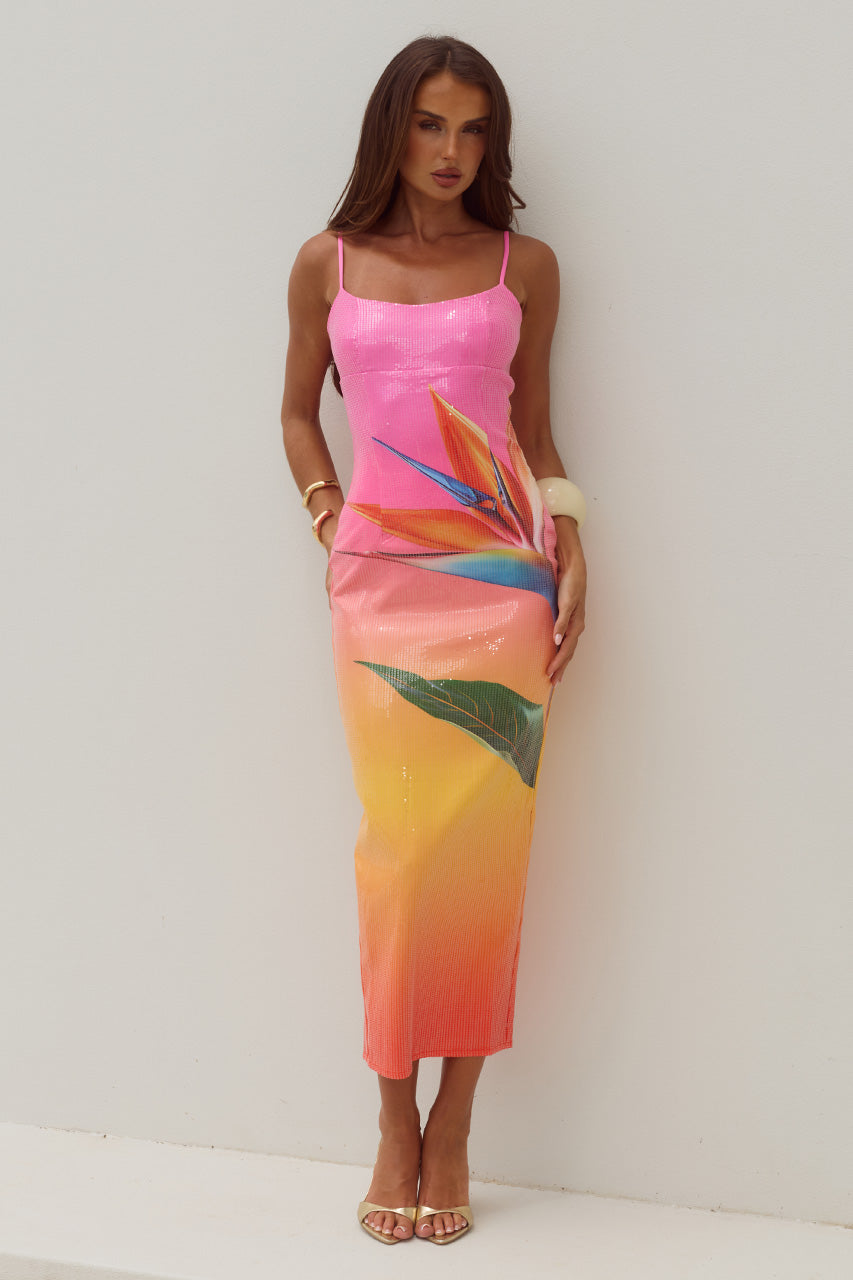 KYRA SCOOP NECK SEQUIN MIDI DRESS - TROPICAL OMBRE