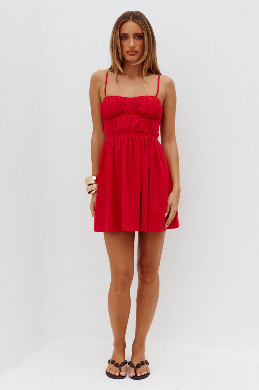 LANIE SHIRRED MINI DRESS - RED - LANIESHIRREDMINIDRESS-RED